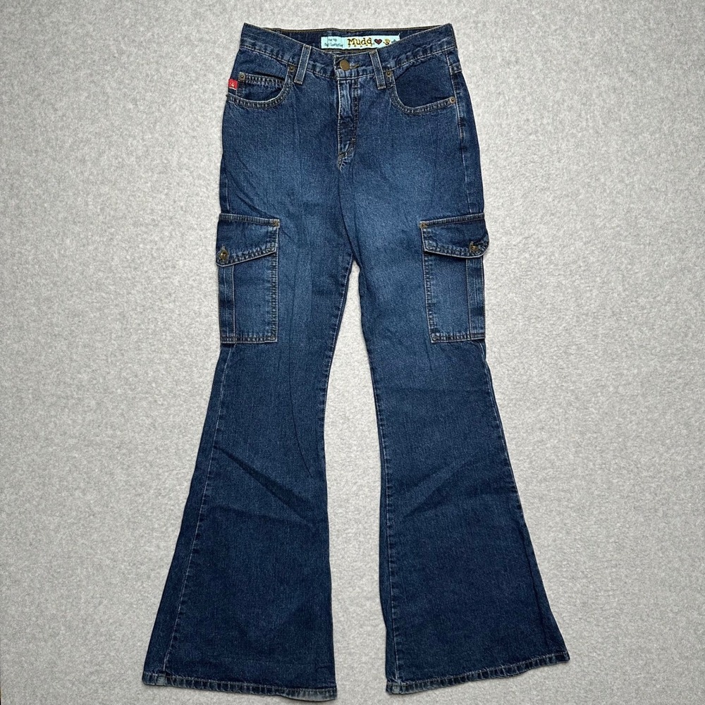 Mudd Jeans Womens Size‎ 0 Dark Wash Cargo Flare Wide Leg Denim Pants Y2K 4HF006